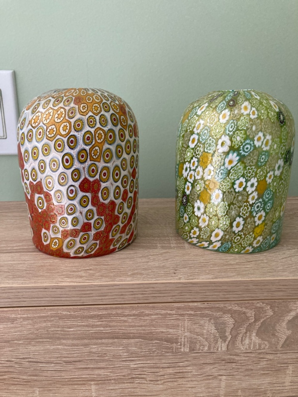 Colorful Millefiori Glass Vases - Green & Orange Floral Pattern